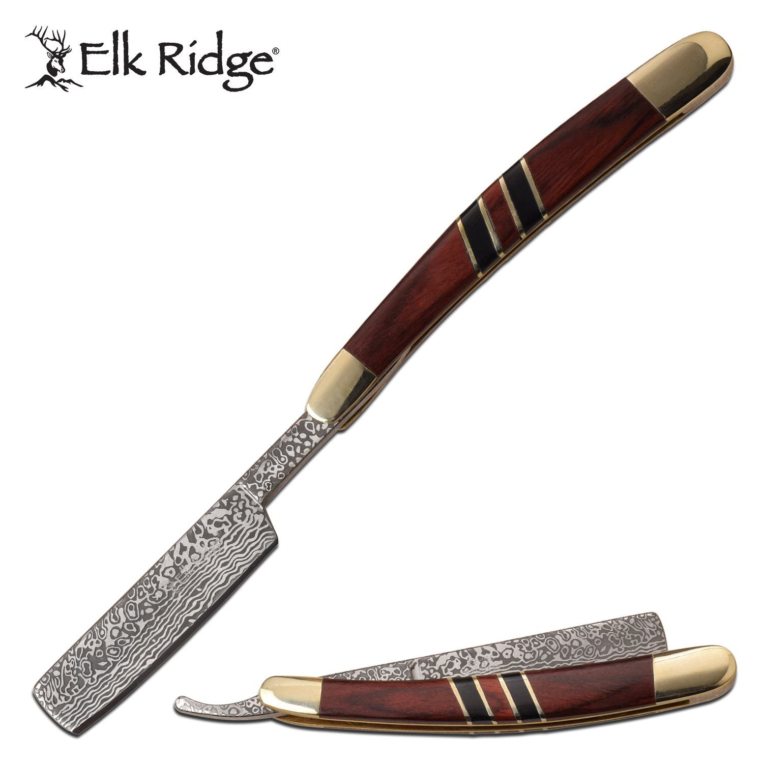 Straight Razor 2.75" Damascus Etch Blade Brown Wood Handle - Tophatter's Guns'N'Weapons Store Collectible Weapons - Tophatter Daily Deals