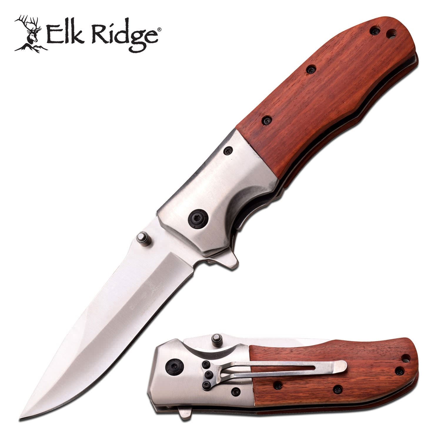 Elk Ridge Ballistic 4.5 Inch Spring Assisted Knife Red Maple Wood - Tophatter's Inc. Weapons Store Online Collectible Weapons - Tophatter Daily Deals