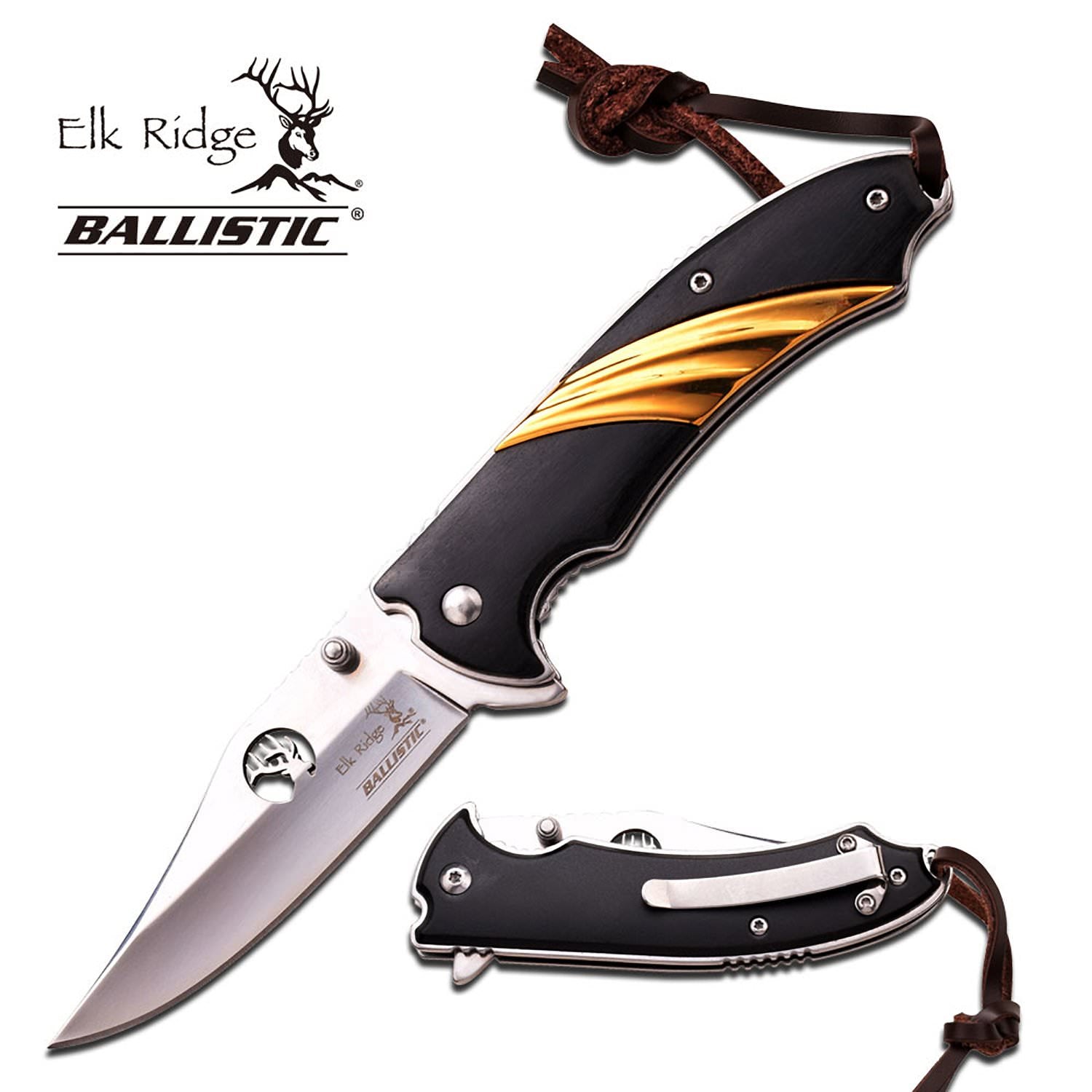 Spring Assist Folding Pocket Knife Elk Ridge Silver Blade Gold Black Wood - Tophatter's Guns'N'Weapons Store - FREE SHIPPING Collectible Weapons - Tophatter Daily Deals