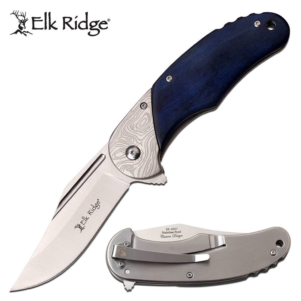 Spring Assist Folding Knife Elk Ridge 3.5" Blade Blue Wood Handle - TOPHATTER'S ARMORY DEALS Collectible Weapons - Tophatter Daily Deals