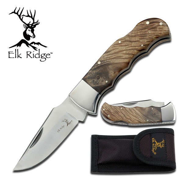 Elk Ridge Burl Wood Handle Lockback Pocket Knife With Sheath - TOPHATTER'S ARMORY DEALS Collectible Weapons - Tophatter Daily Deals