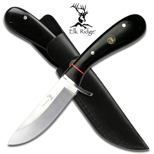 Elk Ridge Hunting Knife - Black Pakkwood Handle With Leather Case Collectible Weapons - Tophatter Daily Deals