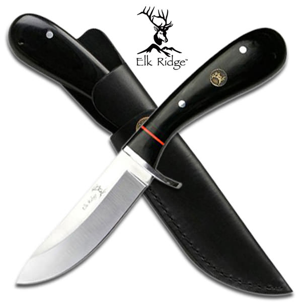 Elk Ridge Hunting Knife - Black Pakkwood Handle With Leather Case - Tophatter's Army Products & Self Defense Collectible Weapons - Tophatter Daily Deals
