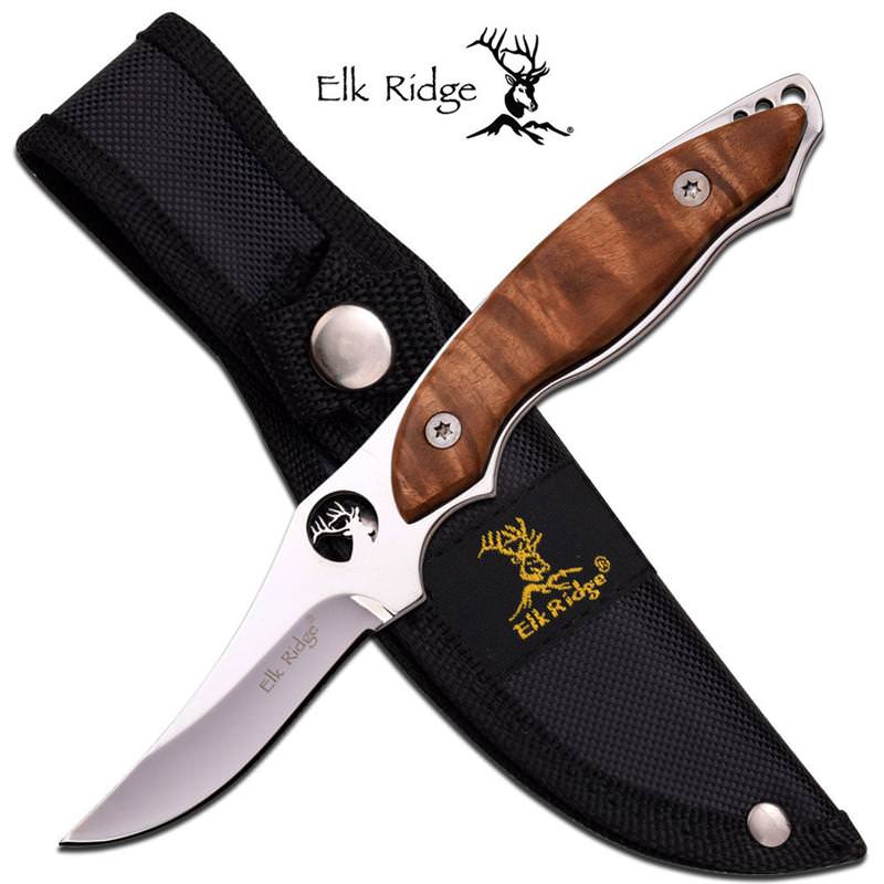 7" Full Tang Mirror Blade Burl Wood Handle Fixed-Blade Hunting Knife Collectible Weapons - Tophatter Daily Deals
