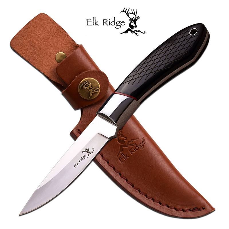 Fixed Blade Hunting Knife Elk Ridge 8" Black Hatchwork Wood Full Tang Collectible Weapons - Tophatter Daily Deals