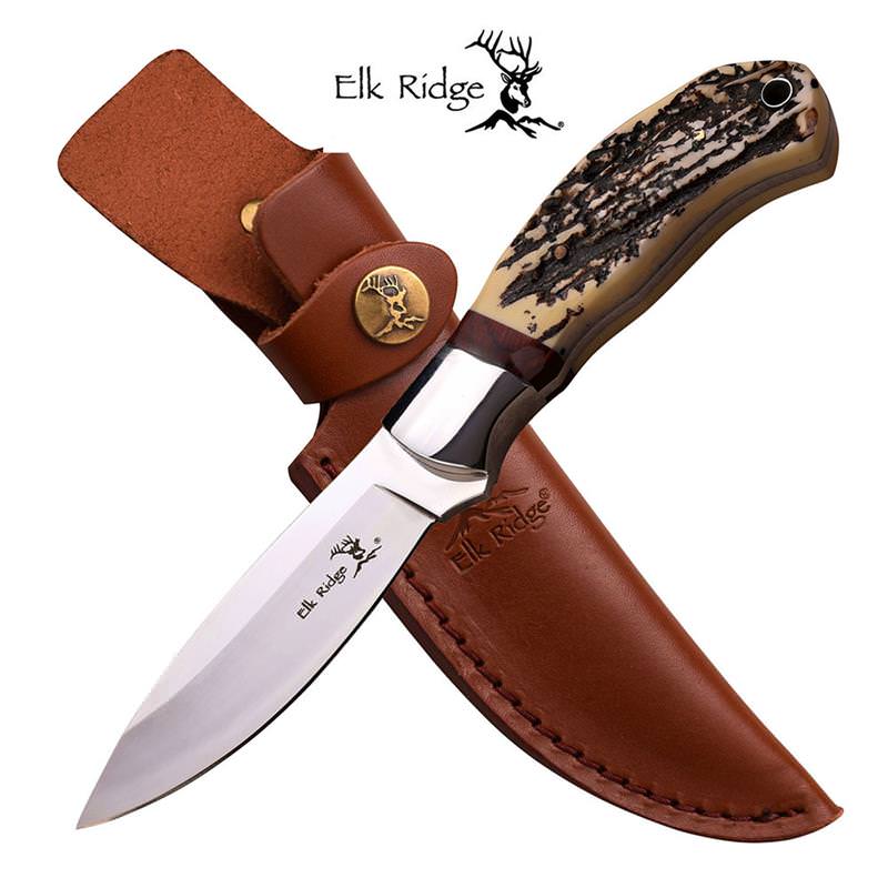 Elk Ridge Jigged Bone Straight Full Tang Hunting Knife with Sheath Collectible Weapons - Tophatter Daily Deals