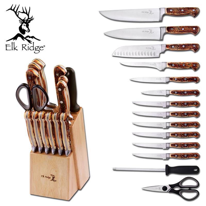 Elk Ridge 15 Piece Kitchen Cutlery Knife Set And Block Stainless Steel Chef Knives - Tophatter's Guns'N'Weapons Store - FREE SHIPPING Collectible Weapons - Tophatter Daily Deals