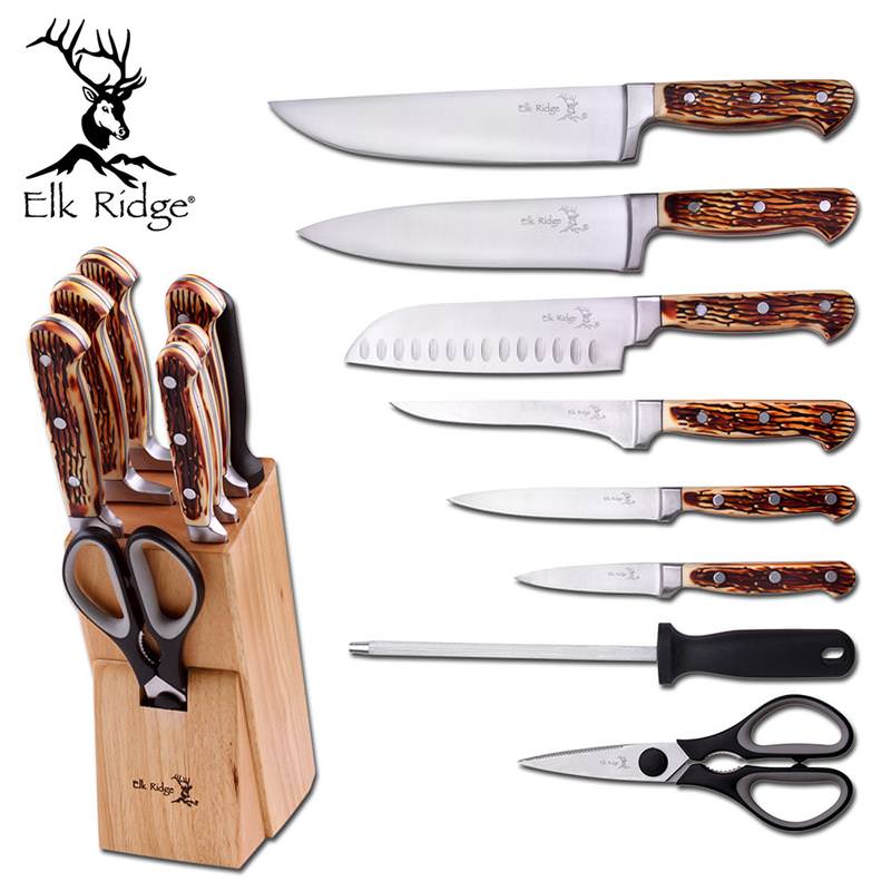 Elk Ridge 9 Piece Kitchen Cutlery Knife Set And Block Stainless Steel Chef Knives - Tophatter's Inc. Weapons Store Online Collectible Weapons - Tophatter Daily Deals