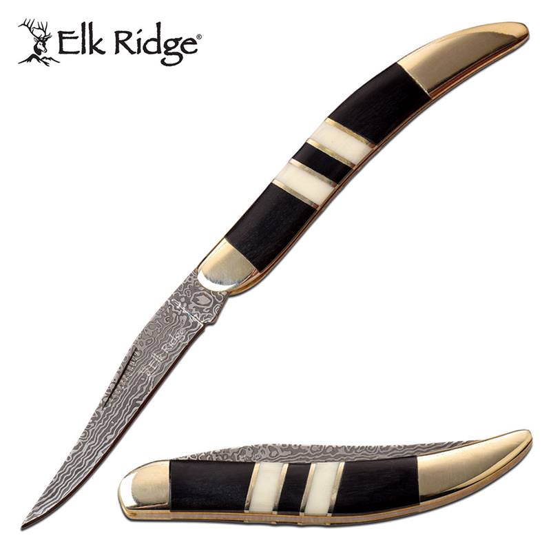 Damascus Etched Blade Toothpick Folding Knife Bone Inlay & Black Pakkawood - Tophatter's Inc. Weapons Store Online Collectible Weapons - Tophatter Daily Deals