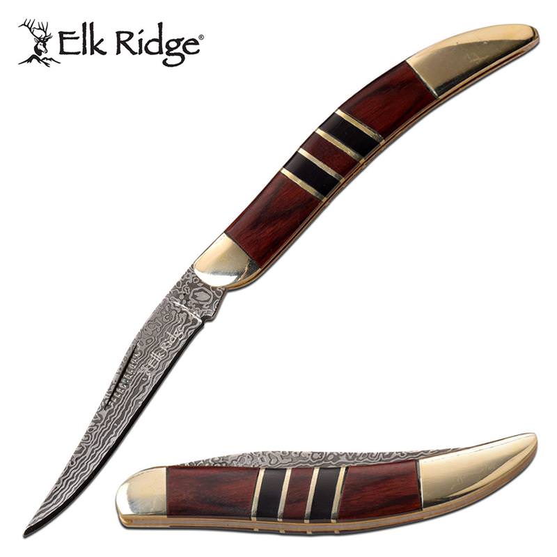 Damascus Etched Toothpick Folding Knife With Brown Pakkawood Handle - Tophatter's Inc. Weapons Store Online Collectible Weapons - Tophatter Daily Deals