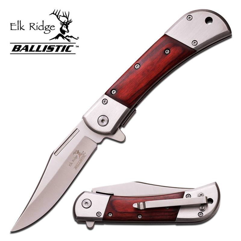 Elk Ridge Silver Blade Brown Wood Handle Spring Asssist Pocket Hunt Knife - Tophatter's Army Products & Self Defense Collectible Weapons - Tophatter Daily Deals