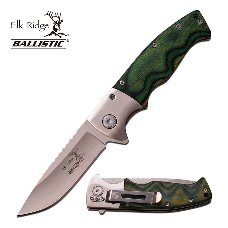Green Wood Handle Satin Blade Spring Assist Assisted Knife - Tophatter's Guns'N'Weapons Store Collectible Weapons - Tophatter Daily Deals