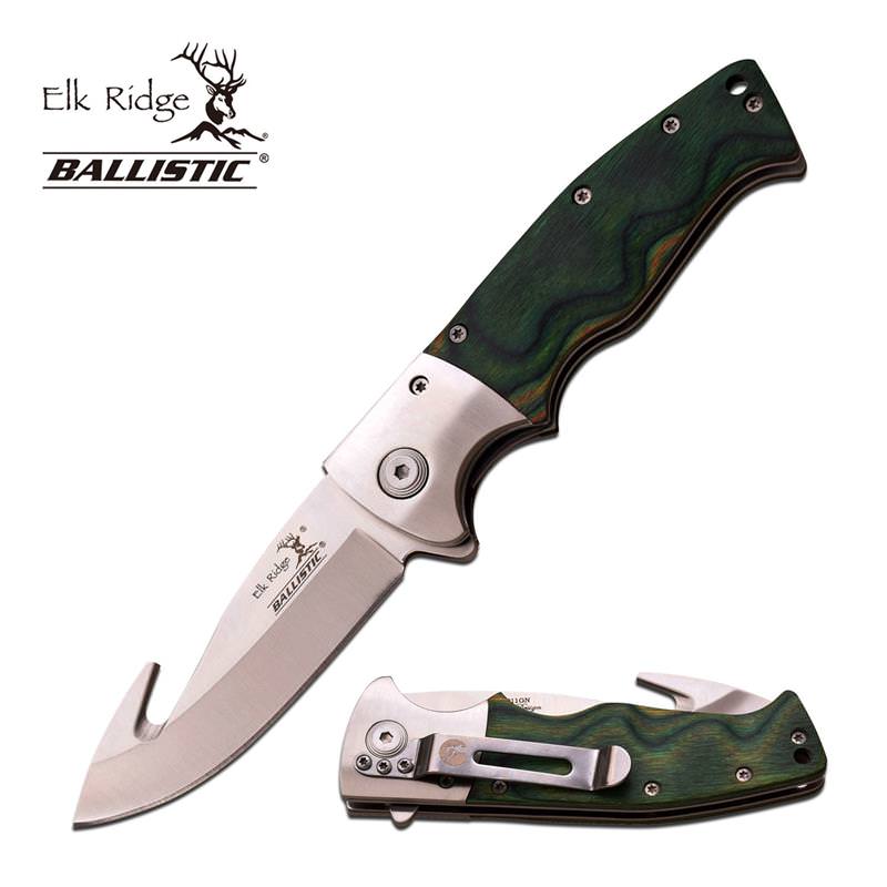 Green Wooden Handle Spring Assisted Guthhook Knife Collectible Weapons - Tophatter Daily Deals