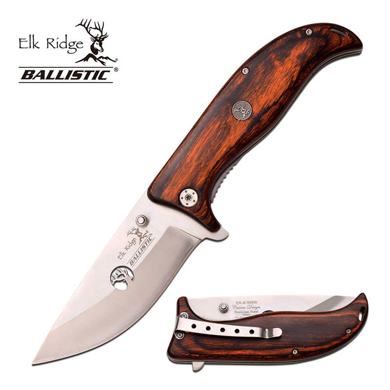 Elk Ridge 5.25" Guthook Blade Spring Assist Hunt Knife Brown Wood Handle - Tophatter's Guns'N'Weapons Store - FREE SHIPPING Collectible Weapons - Tophatter Daily Deals