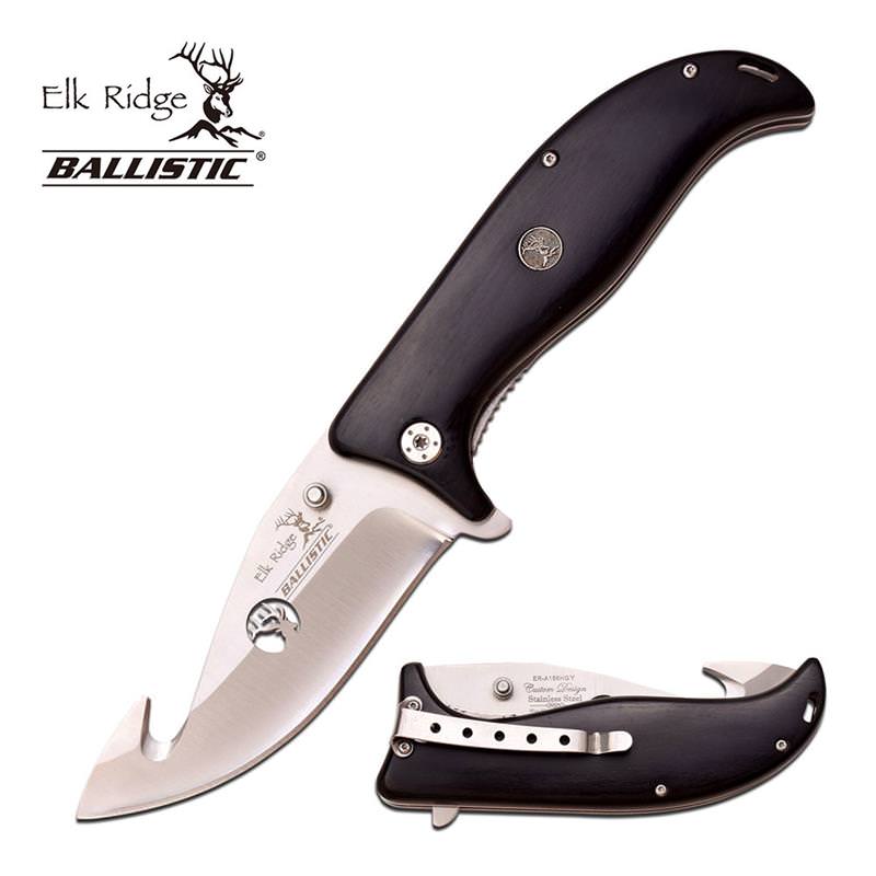 Elk Ridge 5.25" Guthook Blade Spring Assist Hunt Knife Black Wood Handle Collectible Weapons - Tophatter Daily Deals