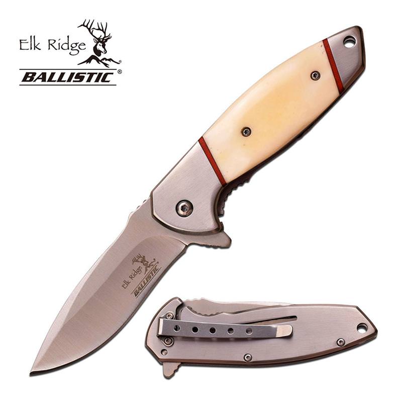 4.5 Inch Elk Ridge Spring Assisted Opening Knife White Bone Handle - Tophatter's Inc. Weapons Store Online Collectible Weapons - Tophatter Daily Deals