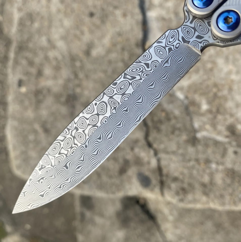 TheONE Butterfly Knife w/ Bushings TITANIUM Balisong - (clone) EX10 Spare Damascus Blade ONLY + Additional BLUE Hardware Knife-Balisong - Tophatter Daily Deals