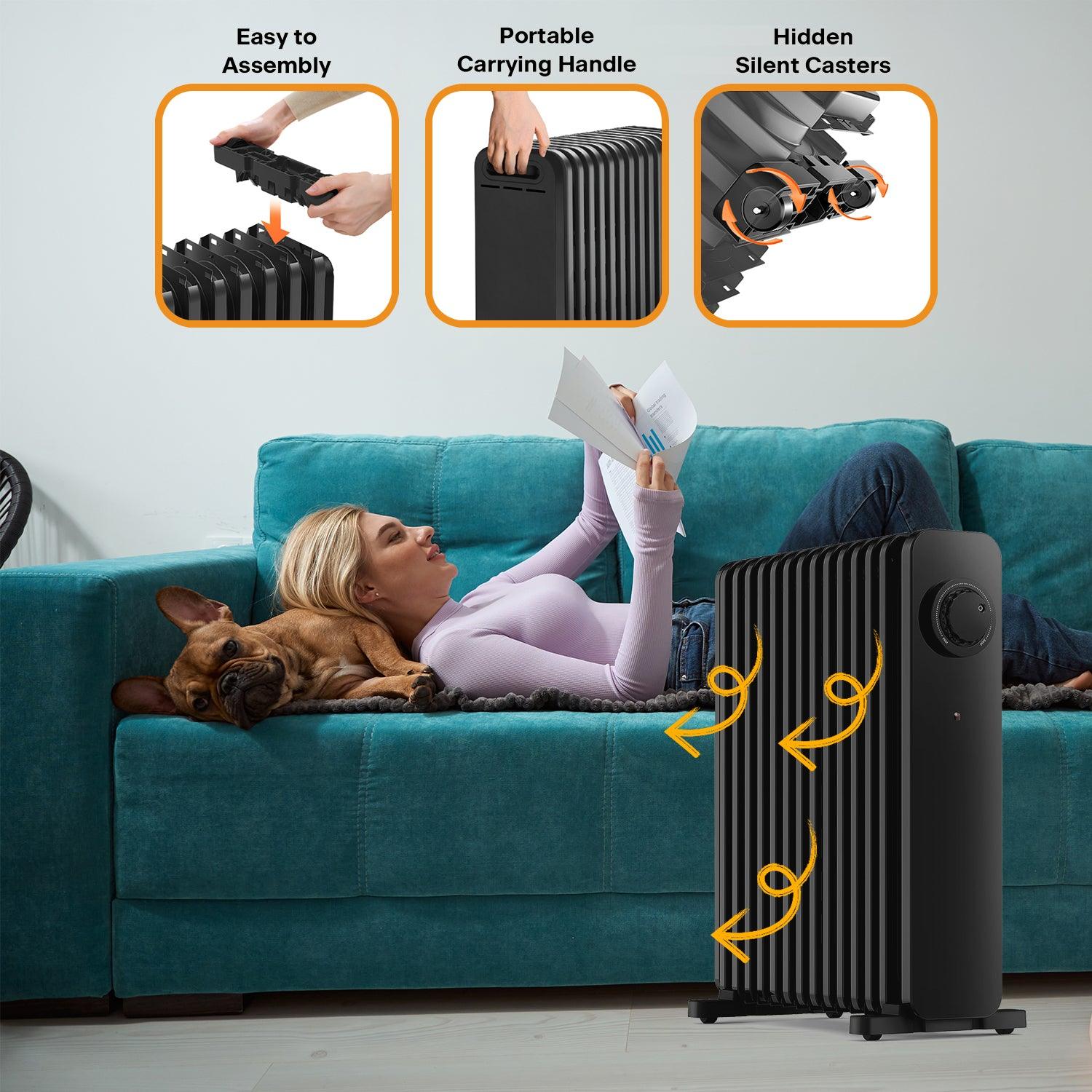 Room Heater Electric - Heater Oil Radiator with Adjustable Thermostat and 3 Heat Settings Oil Filled Heater with Overheat Protection (2500W, Knob Control) Winter Warm - Tophatter Daily Deals