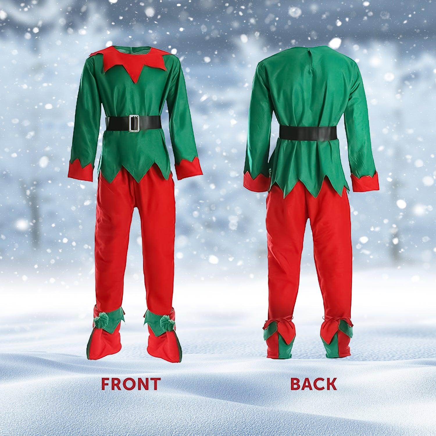 Elf Costume Adults - Unisex Cheeky Elf Christmas Fancy Dress Green Top + Red Trousers + Belt + Elf Hat With Ears + Deluxe Pom Pom Elf Shoes Christmas - Tophatter Daily Deals