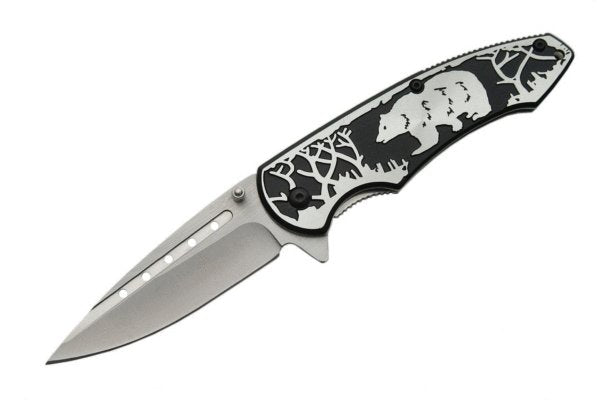 8" Embossed Bear Graphic Silver & Black Matte Assisted Pocket Knife Tophatter's Spring Assisted Knives - Tophatter Daily Deals