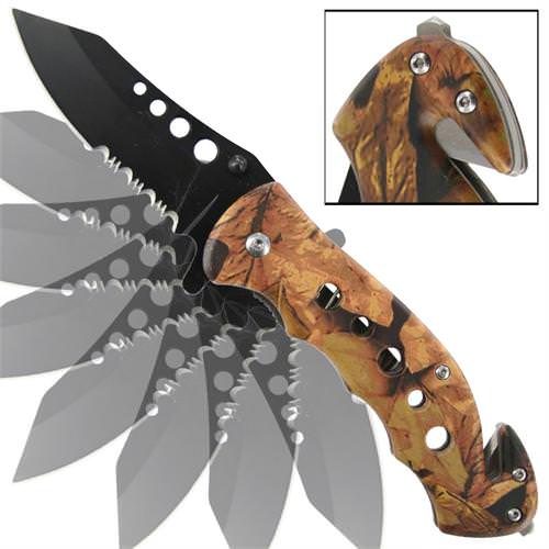 Emergency Autumn Tree Camo Serrated Spring Assist Knife - TOPHATTER'S ARMORY DEALS Collectible Weapons - Tophatter Daily Deals