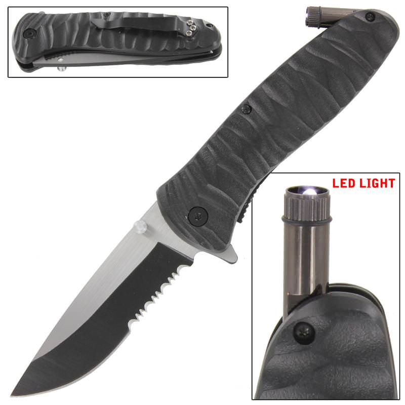 Emergency Code Black Serrated Spring Assist Knife Built In LED LIGHT Collectible Weapons - Tophatter Daily Deals