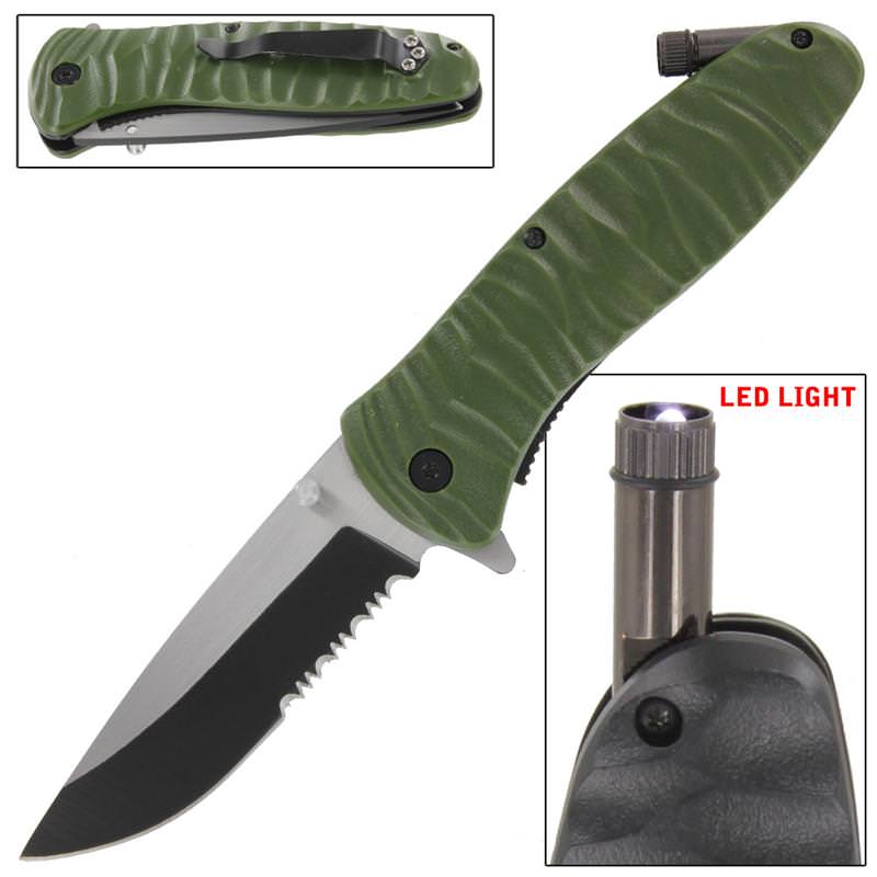 Emergency Code Green Serrated Spring Assist Knife Built In LED LIGHT - Tophatter's Guns'N'Weapons Store Collectible Weapons - Tophatter Daily Deals