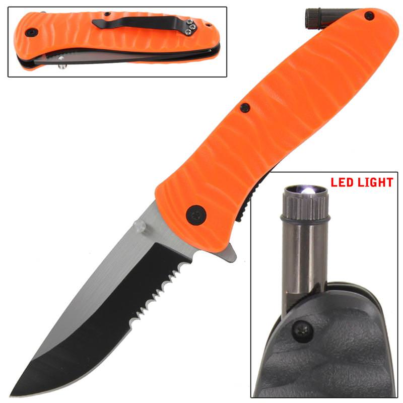 Emergency Code Orange Serrated Spring Assist Knife Built In LED LIGHT - Tophatter's Guns'N'Weapons Store Collectible Weapons - Tophatter Daily Deals