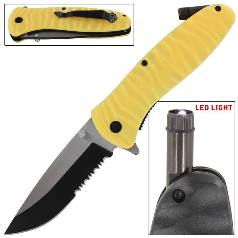 Emergency Code Yellow Serrated Spring Assist Knife Built In LED LIGHT - Tophatter's Guns'N'Weapons Store Collectible Weapons - Tophatter Daily Deals