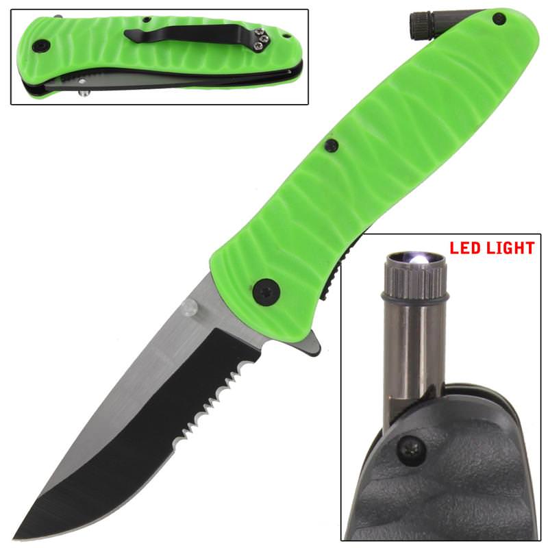 Emergency Code Zombie Threat Serrated Spring Assist Knife Built In LED LIGHT - TOPHATTER'S ARMORY DEALS Collectible Weapons - Tophatter Daily Deals
