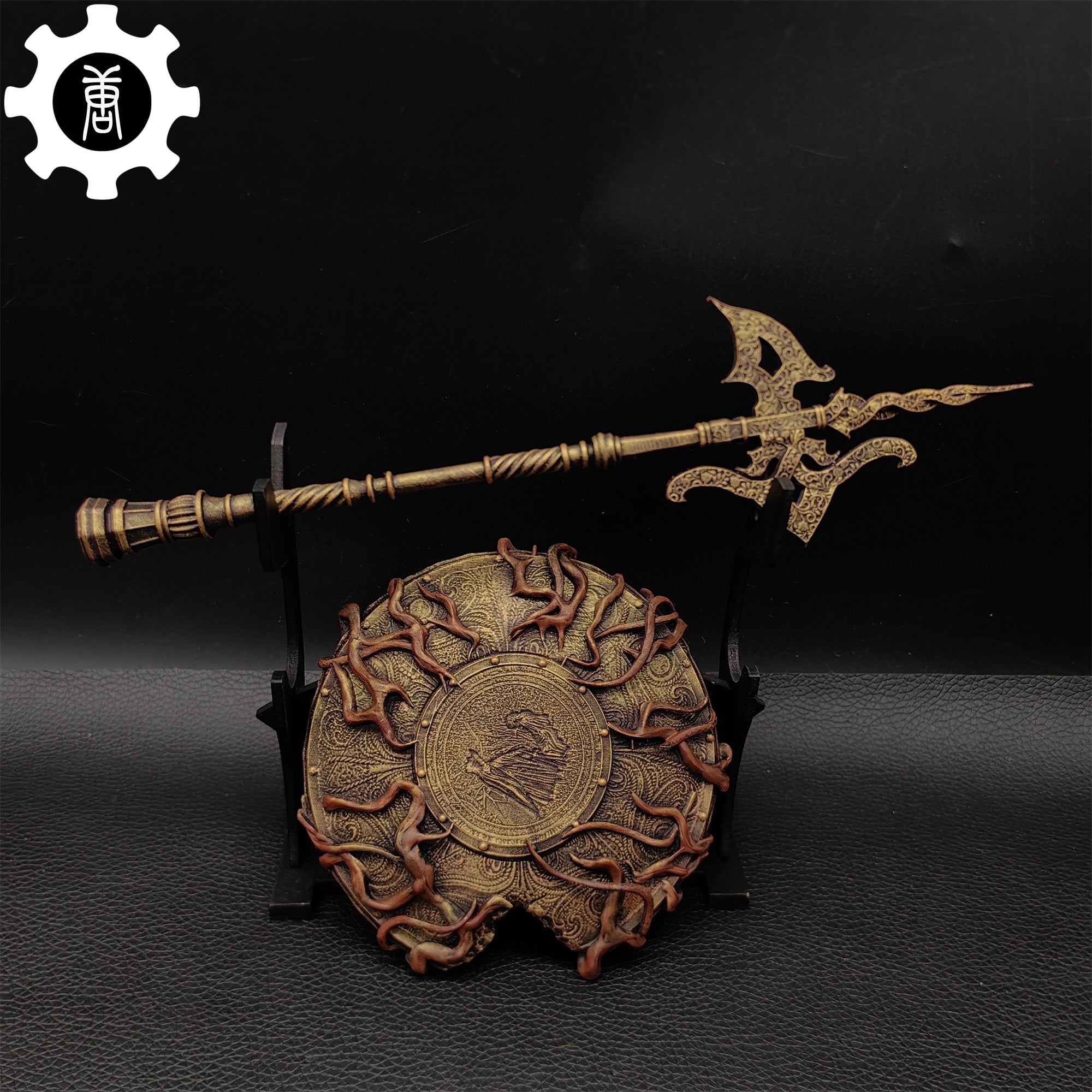 3D Printed 1: 12 Scale Erdtree Greatshield Golden Halberd Halberd & Shield & Stand - Tophatter Daily Deals