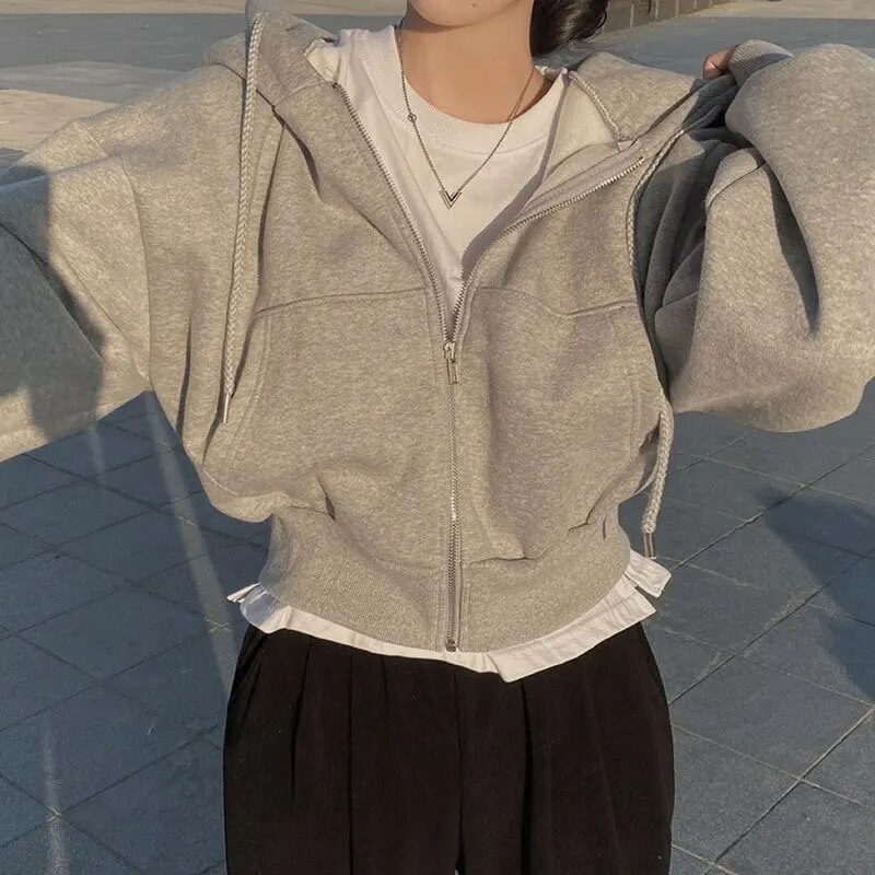 Oversized Cozy Women Zip Hoodie - Relaxed Cropped Cotton Light gray - Tophatter Daily Deals