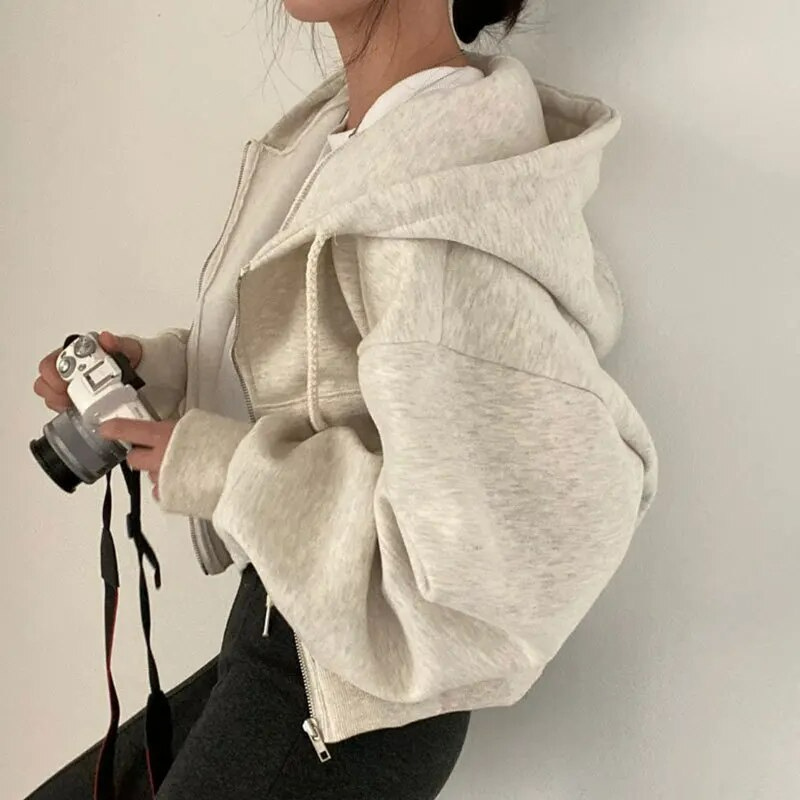 Oversized Cozy Women Zip Hoodie - Relaxed Cropped Cotton Beige - Tophatter Daily Deals
