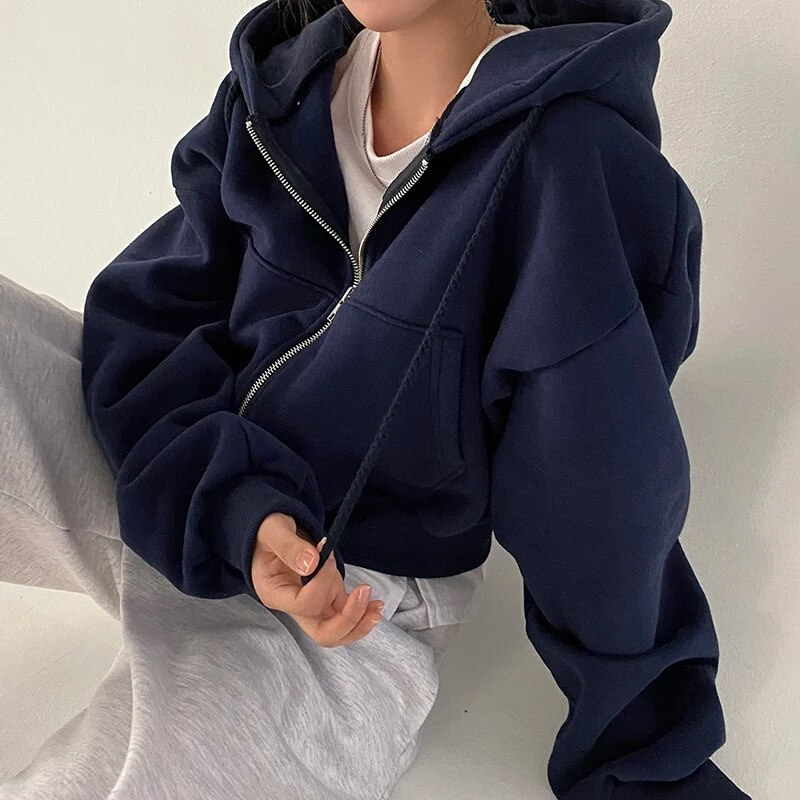 Oversized Cozy Women Zip Hoodie - Relaxed Cropped Cotton Blue - Tophatter Daily Deals