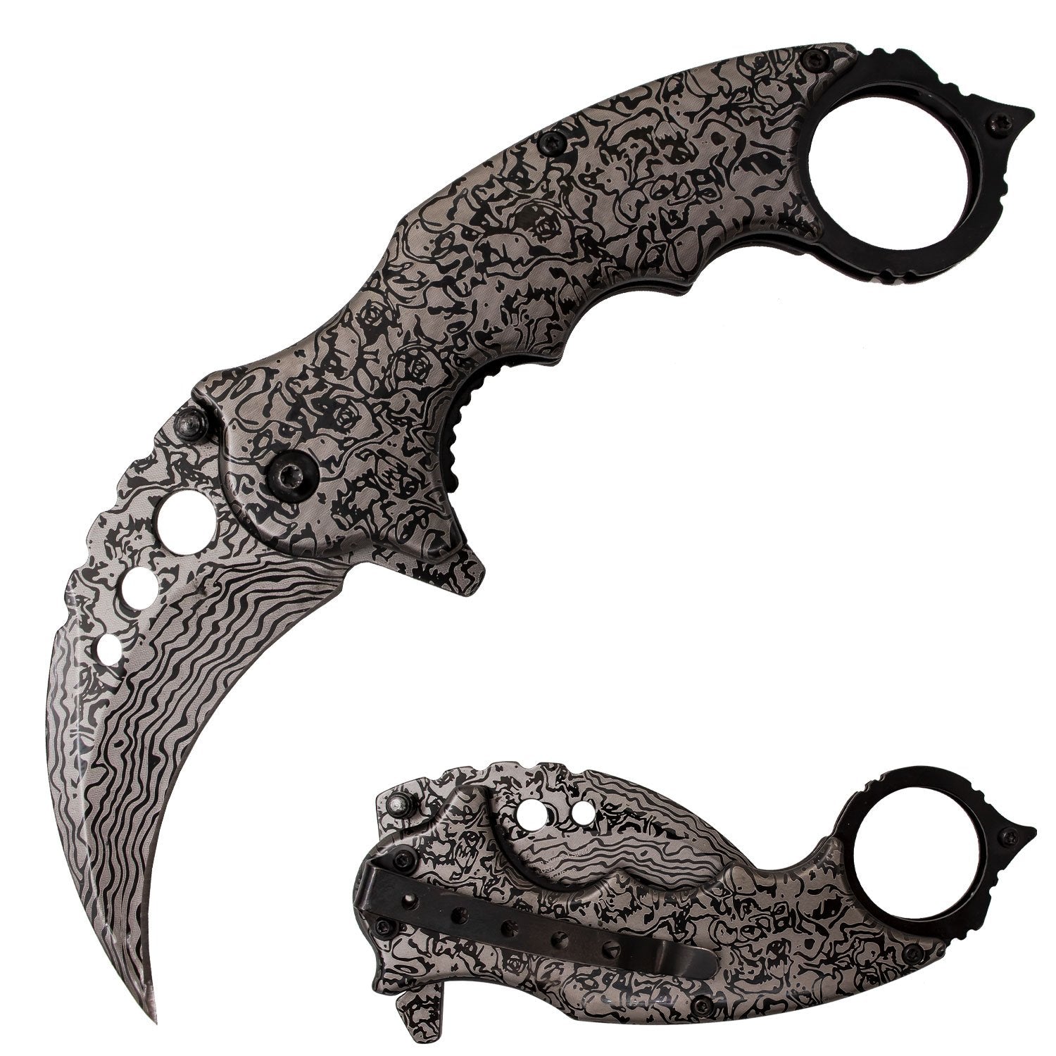 Etched Damascus Karambit Knife Spring Assisted Folder - 5 Colors Black Knife-Assist - Tophatter Daily Deals