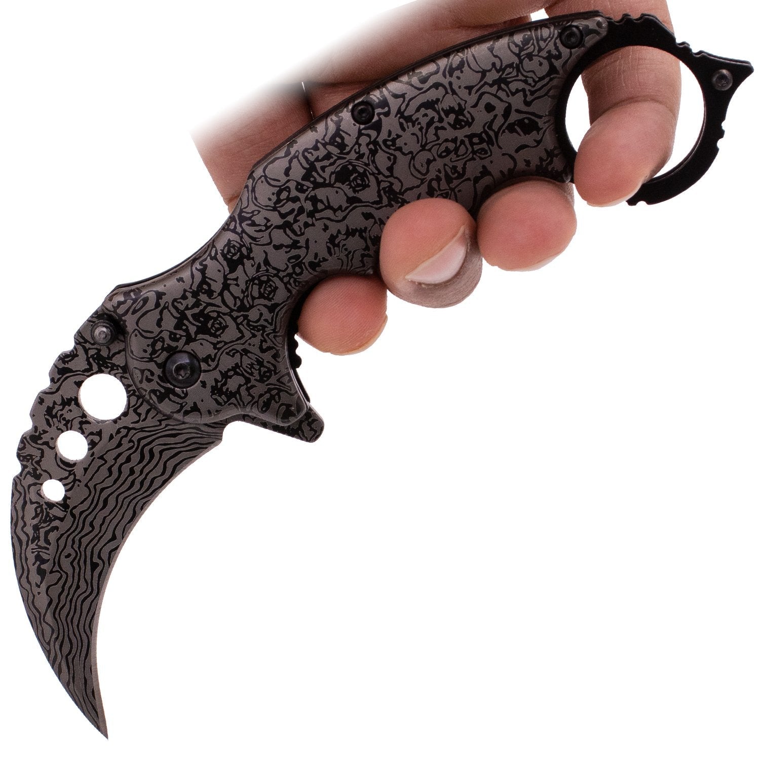 Etched Damascus Karambit Knife Spring Assisted Folder - 5 Colors Knife-Assist - Tophatter Daily Deals