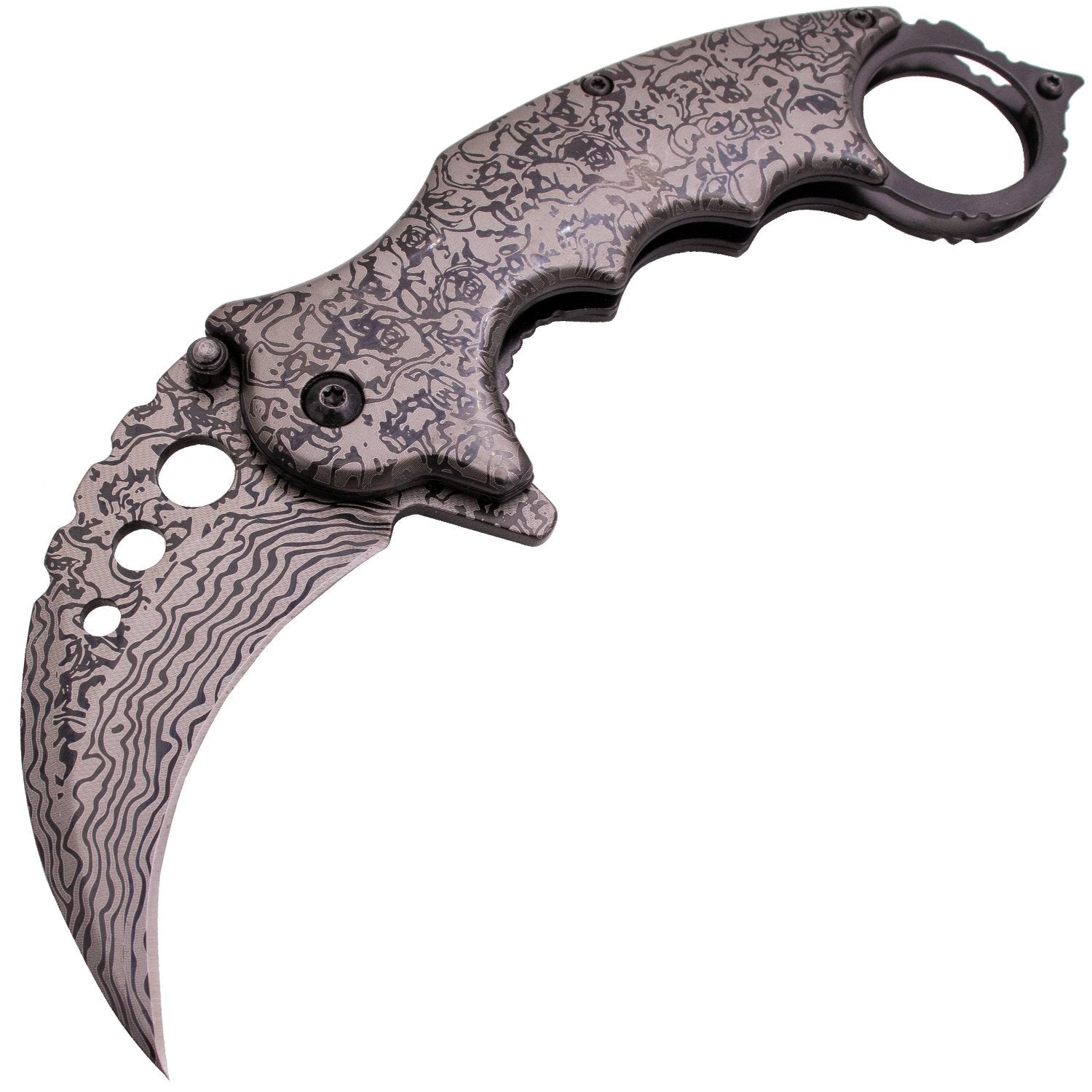 Etched Damascus Karambit Knife Spring Assisted Folder - 5 Colors Knife-Assist - Tophatter Daily Deals