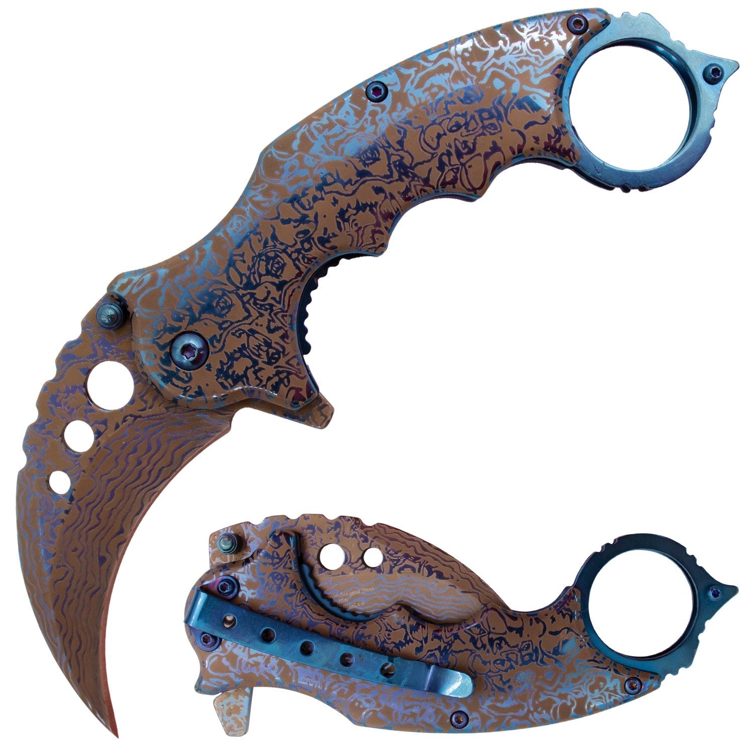 Etched Damascus Karambit Knife Spring Assisted Folder - 5 Colors Blue Knife-Assist - Tophatter Daily Deals