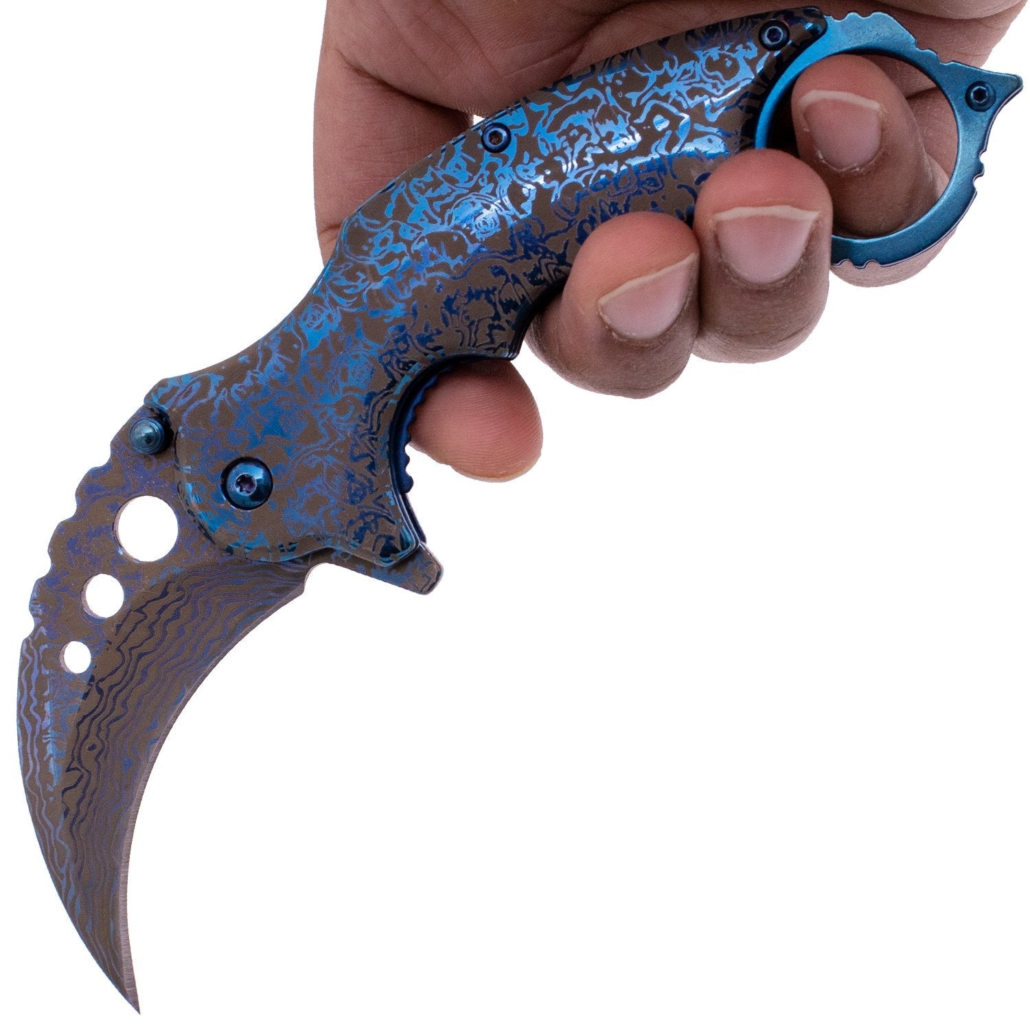 Etched Damascus Karambit Knife Spring Assisted Folder - 5 Colors Knife-Assist - Tophatter Daily Deals