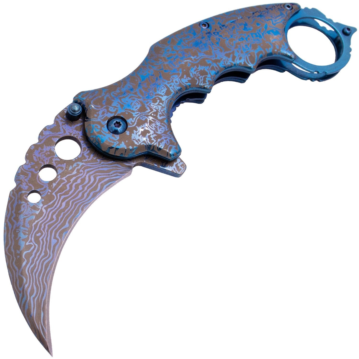 Etched Damascus Karambit Knife Spring Assisted Folder - 5 Colors Knife-Assist - Tophatter Daily Deals