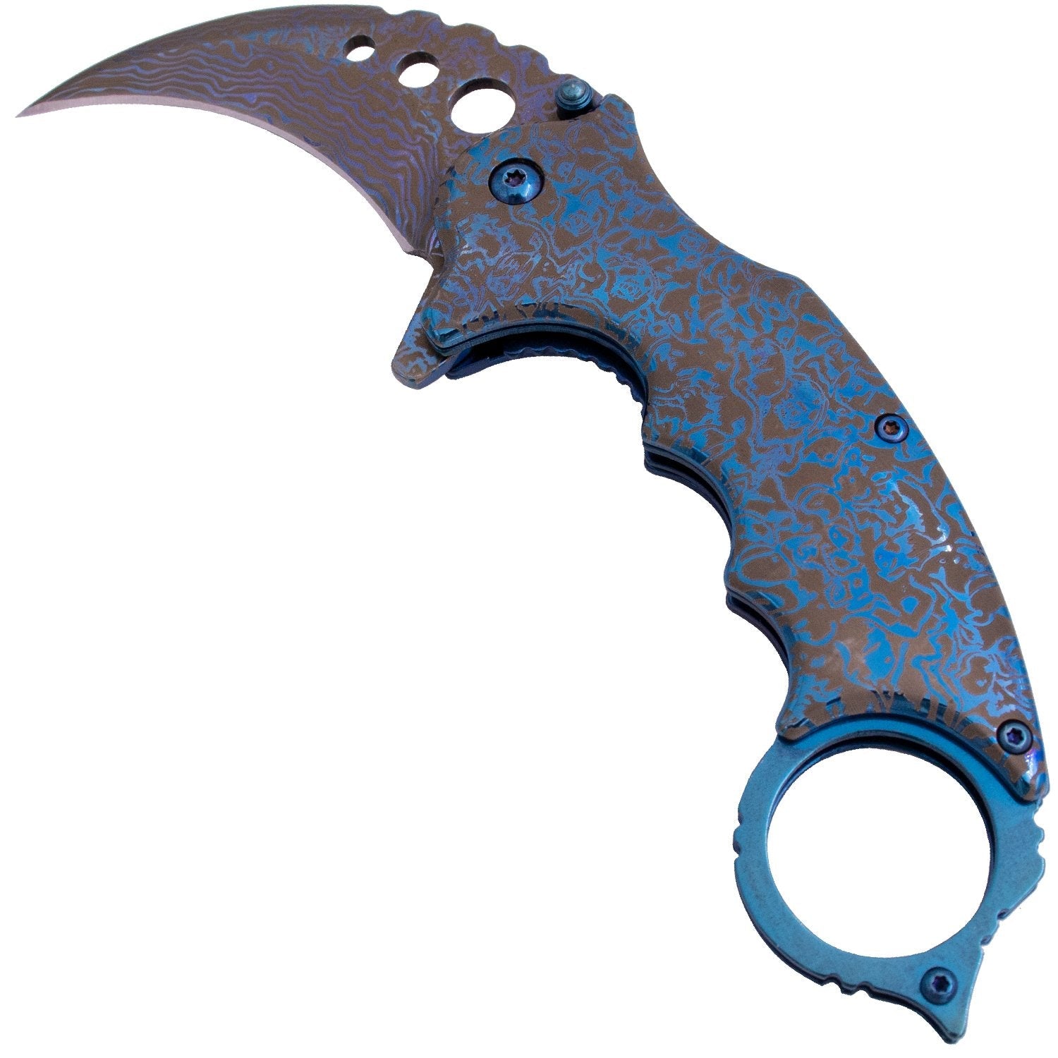 Etched Damascus Karambit Knife Spring Assisted Folder - 5 Colors Knife-Assist - Tophatter Daily Deals