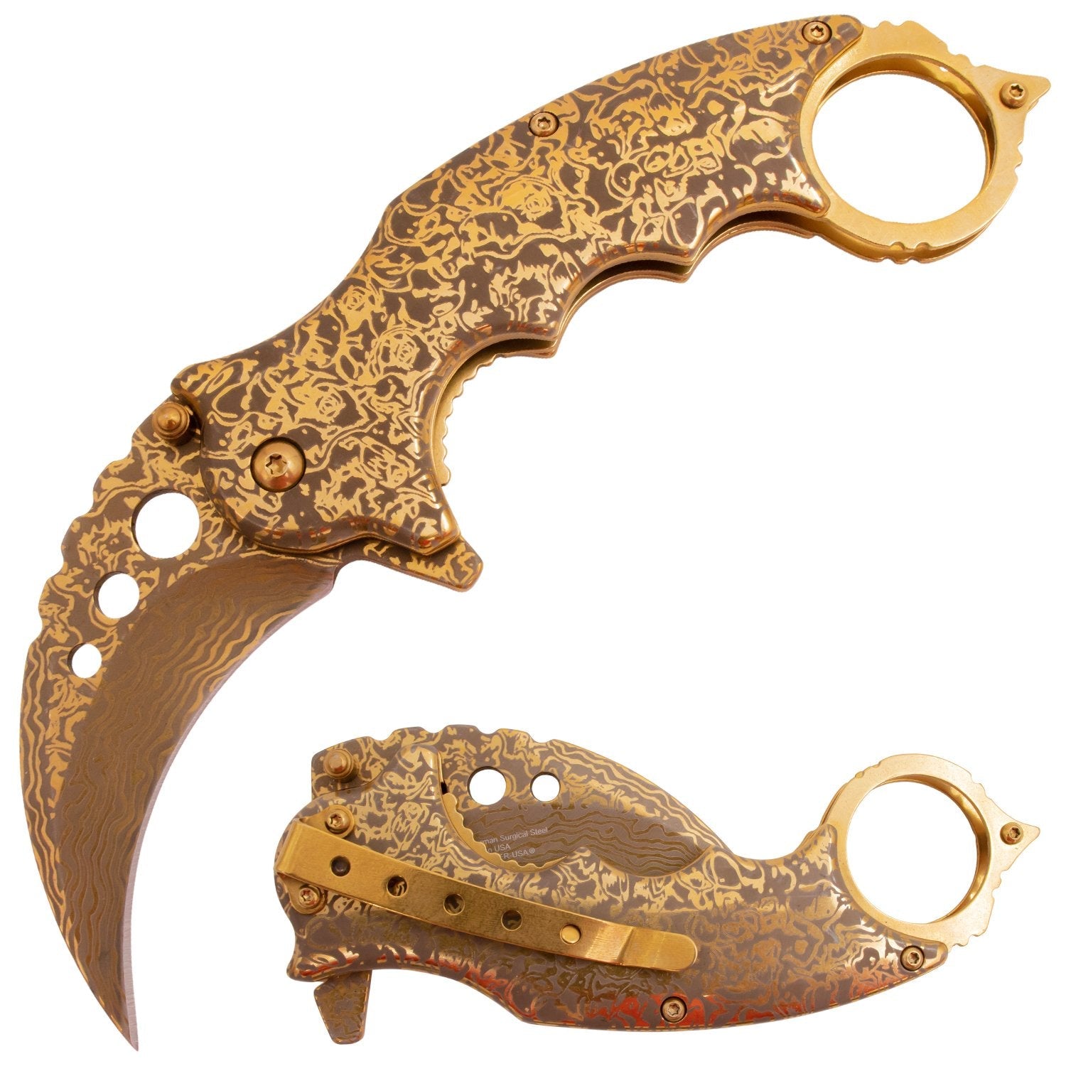 Etched Damascus Karambit Knife Spring Assisted Folder - 5 Colors Gold Knife-Assist - Tophatter Daily Deals
