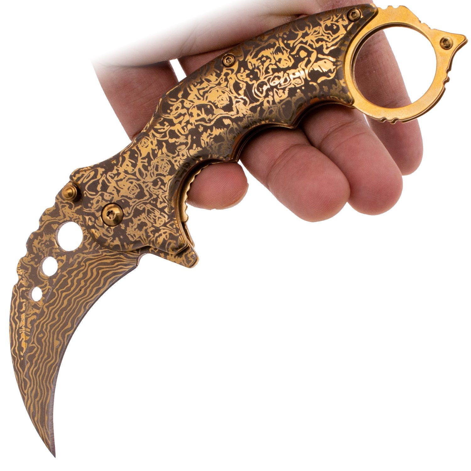 Etched Damascus Karambit Knife Spring Assisted Folder - 5 Colors Knife-Assist - Tophatter Daily Deals