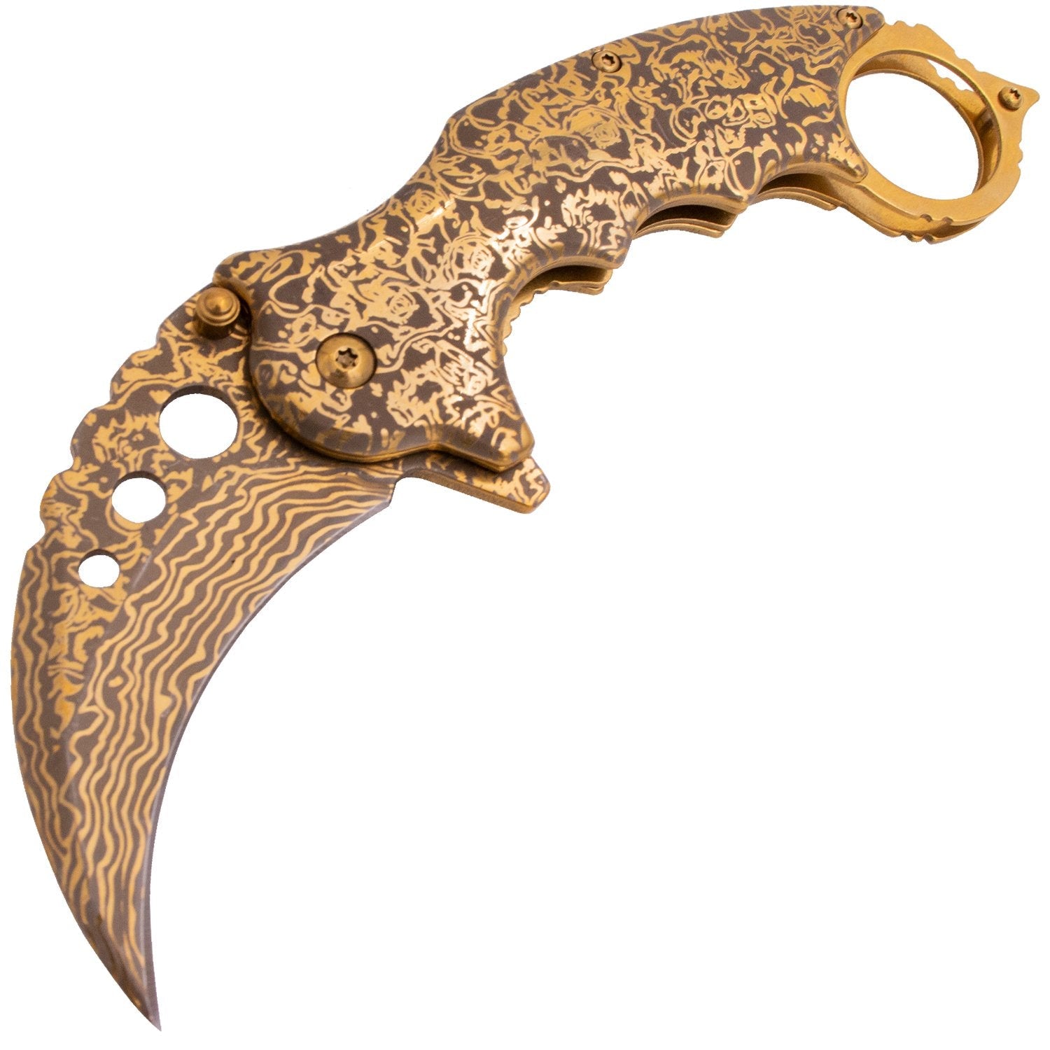 Etched Damascus Karambit Knife Spring Assisted Folder - 5 Colors Knife-Assist - Tophatter Daily Deals