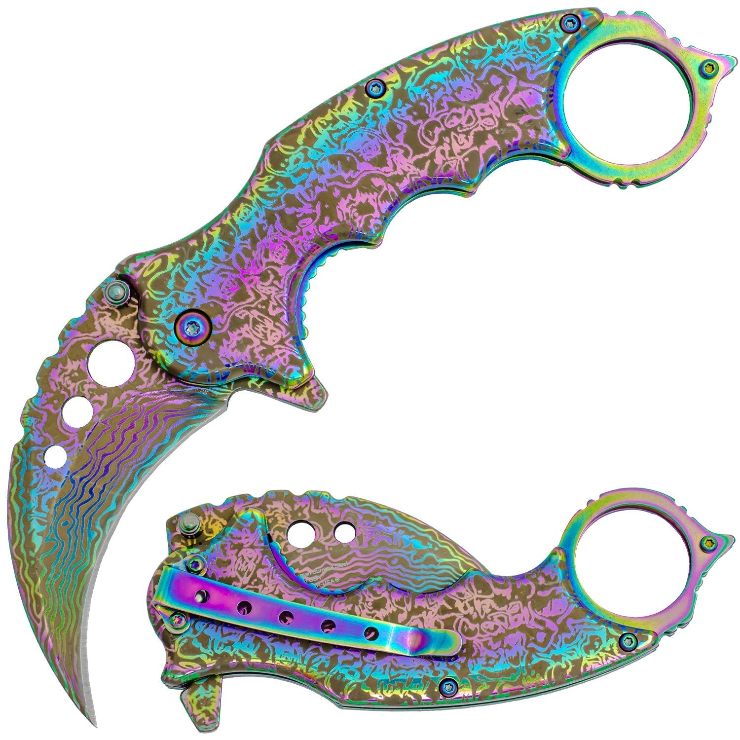 Etched Damascus Karambit Knife Spring Assisted Folder - 5 Colors Rainbow Knife-Assist - Tophatter Daily Deals