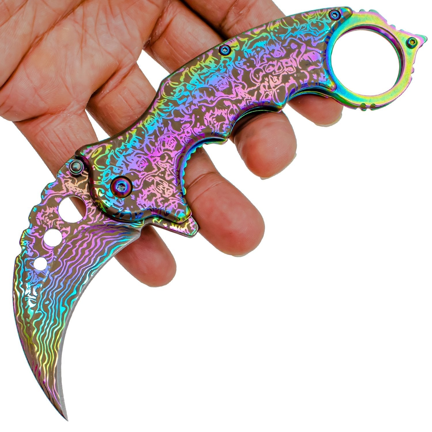 Etched Damascus Karambit Knife Spring Assisted Folder - 5 Colors Knife-Assist - Tophatter Daily Deals