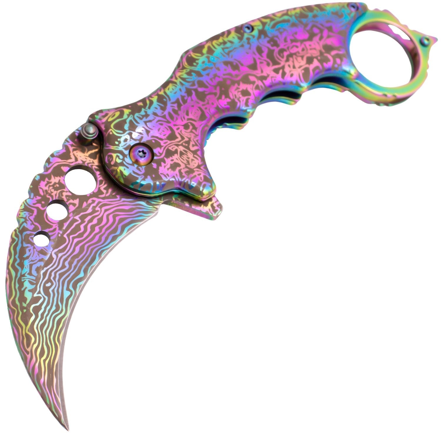 Etched Damascus Karambit Knife Spring Assisted Folder - 5 Colors Knife-Assist - Tophatter Daily Deals
