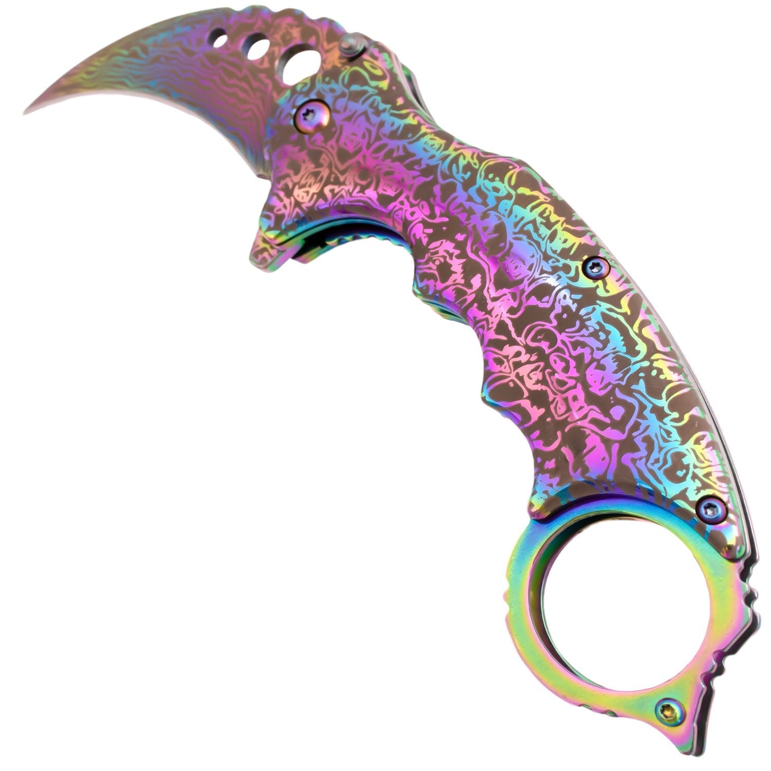 Etched Damascus Karambit Knife Spring Assisted Folder - 5 Colors Knife-Assist - Tophatter Daily Deals