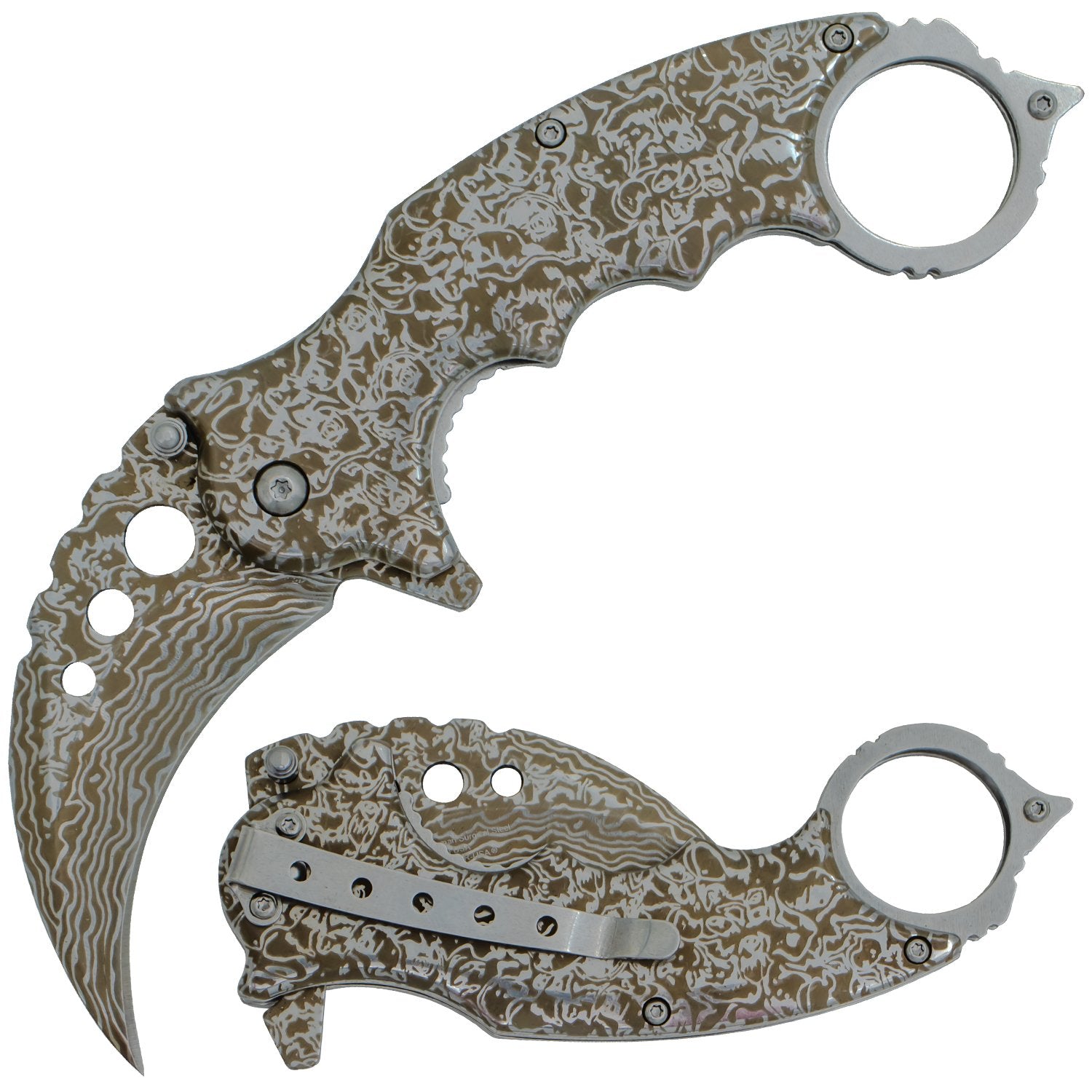 Etched Damascus Karambit Knife Spring Assisted Folder - 5 Colors Silver Knife-Assist - Tophatter Daily Deals