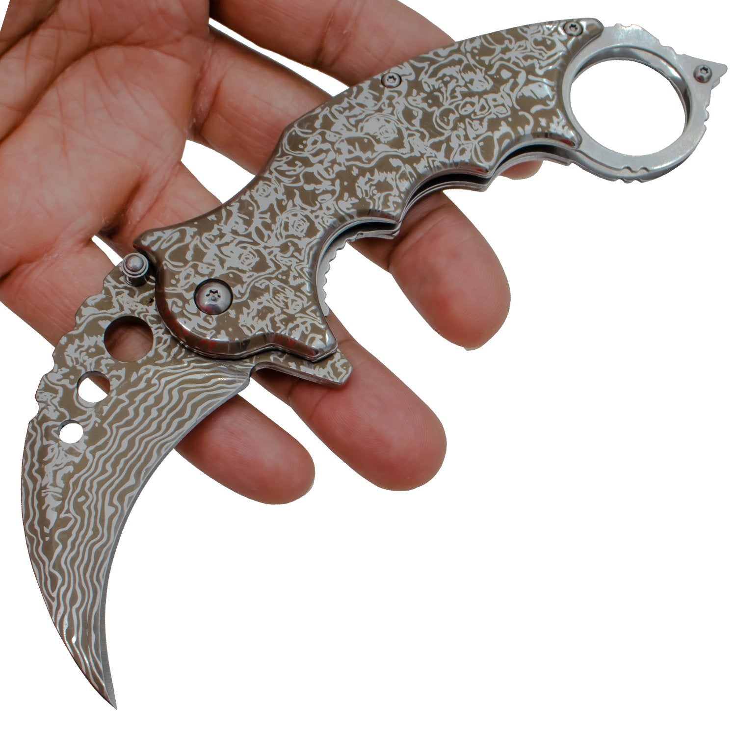 Etched Damascus Karambit Knife Spring Assisted Folder - 5 Colors Knife-Assist - Tophatter Daily Deals